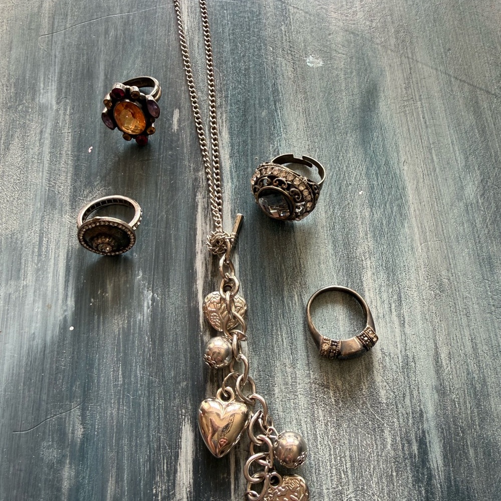 Vintage Silver Tone Heart Charm Necklace with Mixed Rings - Silver